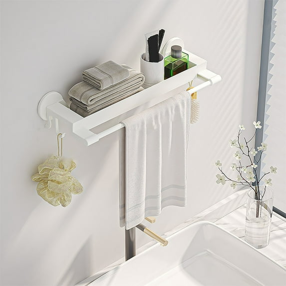 Wall Mounted Folding Towel Rack with Storage Shelf | Multi Functional Bathroom Organizer | No Drill Adhesive Installation | White Plastic Design | 17.71 x 6.69 Inches