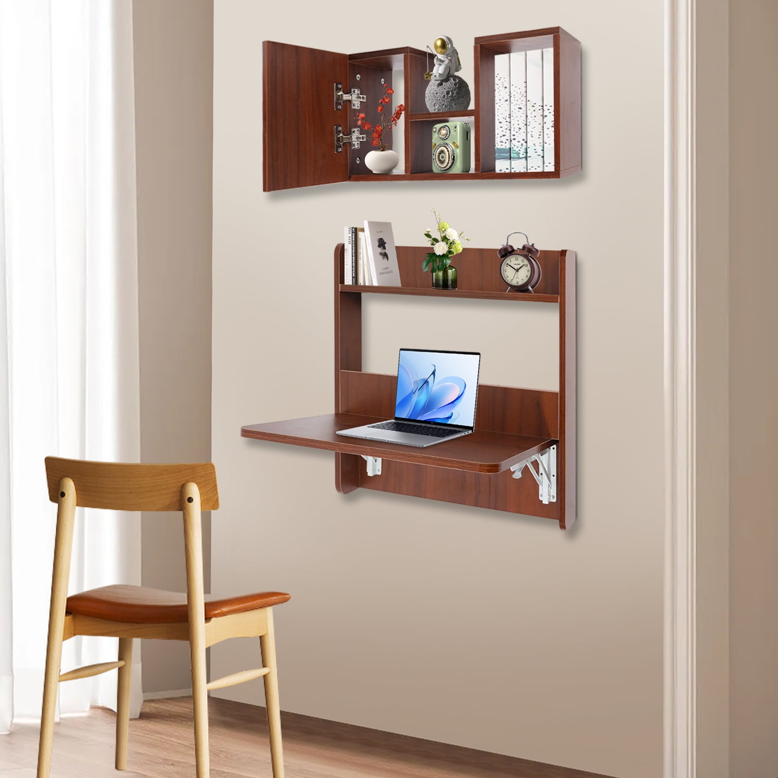 Wall-Mounted Folding Writing Desk with Bookshelf, Solid Wood Floating ...