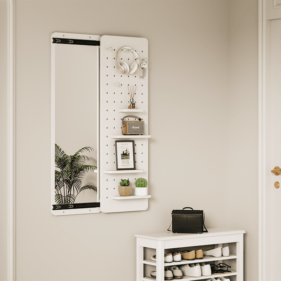 Wall Mounted Full Length Mirror, Full Body Mirror with Shelf, Full Body Mirror with Hook Wall Mounted Mirror with Multifunctional Design Panel, Bedroom/Living Room/Entrance White(47.6*15.7in)