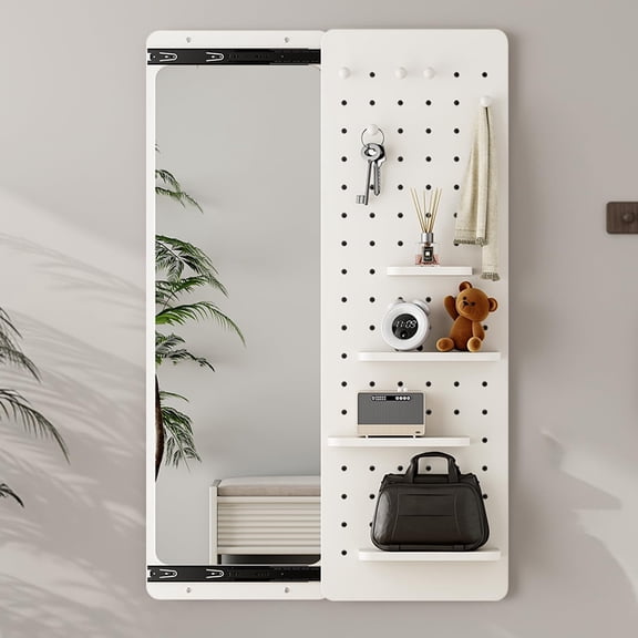 Wall Mounted Full Length Mirror, Full Body Mirrors with Pegboard Shelf & Hooks, Sliding Mirror with Multifunctional Design Panel for Bedroom, Living Room, Entryway, Dressingroom, Decor (White)