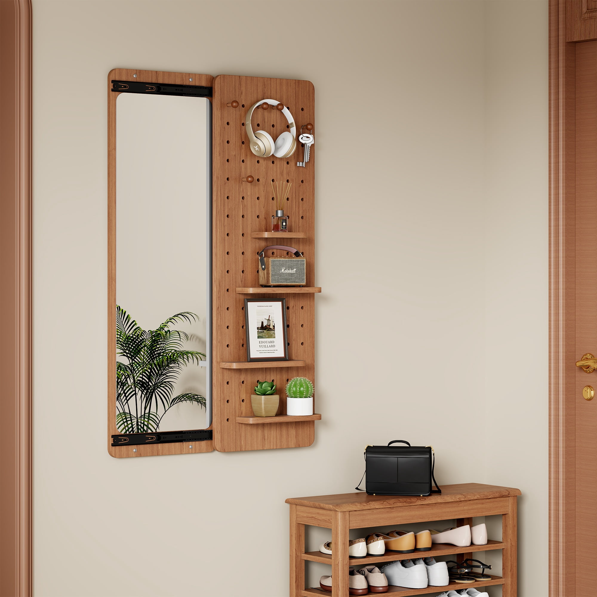 Wall-Mounted Full-Length Mirror with Shelves and Hooks, Push-Pull Panel Design with Dual-Slide Hardware for Bedroom, Cherry