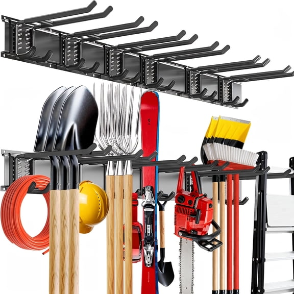 Wall Mounted Garage Tool Organizer, 4 Rails 64" with 10 Heavy-Duty Adjustable Hooks, Garden Tool Storage System Holds Up to 500 lbs