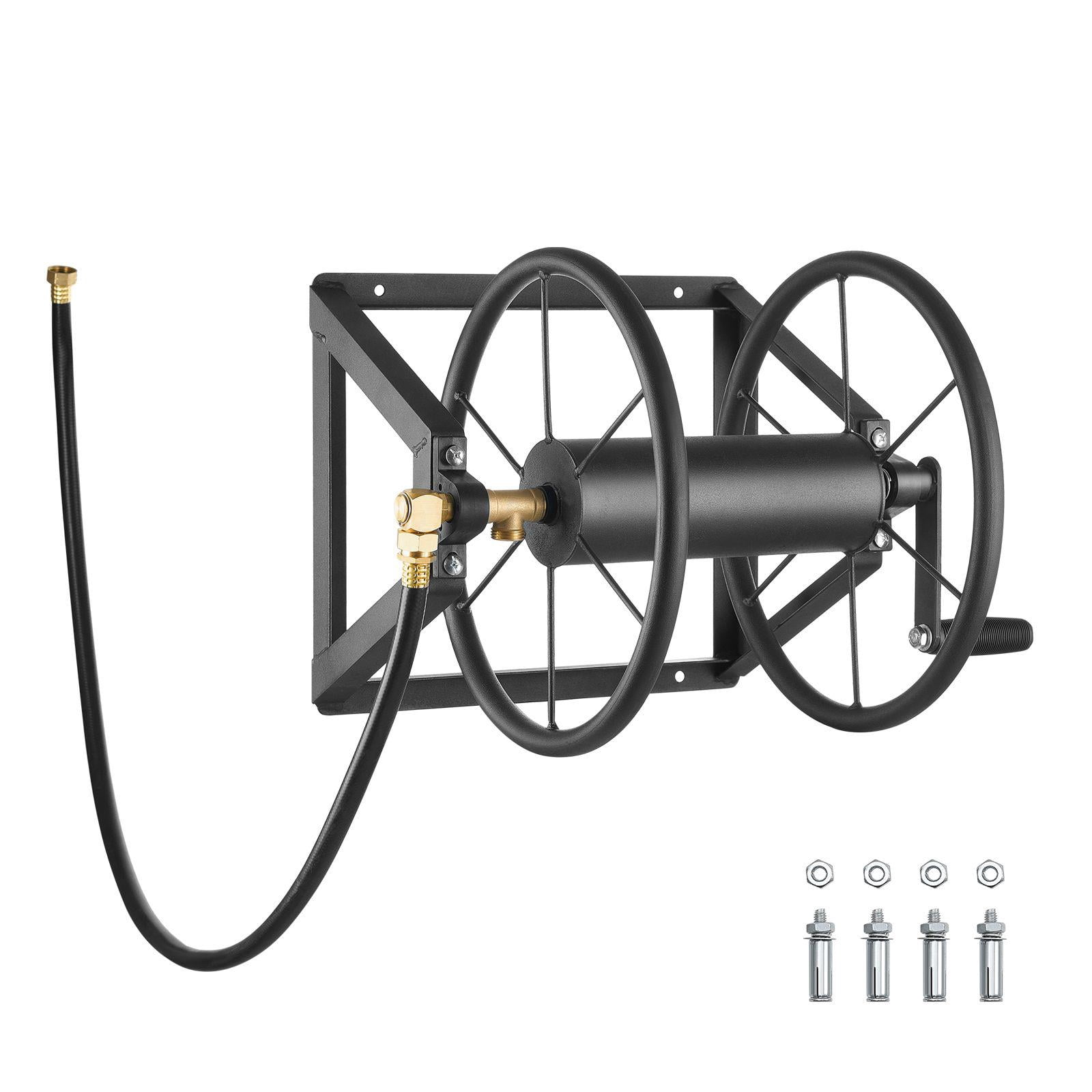Wall Mounted Garden Hose Reel Heavy Duty Steel 200 ft 5/8 Inch Manual Water Hose Winder with Brass Fitting 5ft Leader Hose for Yard Lawn Garage Space Saving