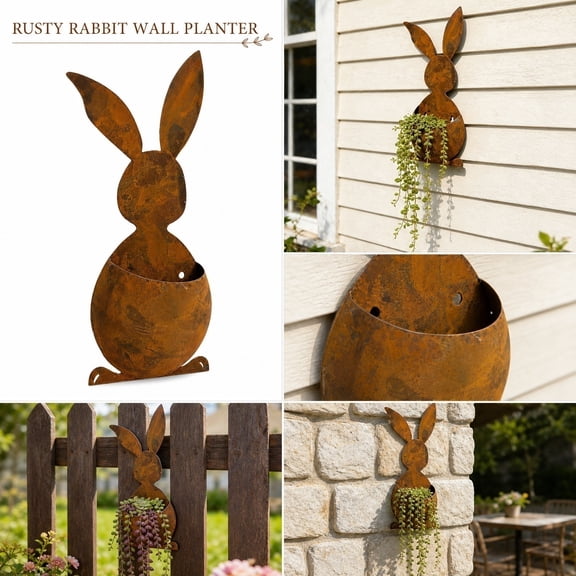 Wall Mounted Garden Planter, Rustic Farmhouse Decor Metal Rabbit Wall Planter Pot, Outdoor Metal Wall Art for Lawn and Garden Display, Multi-Functional Succulent Pot and Garden