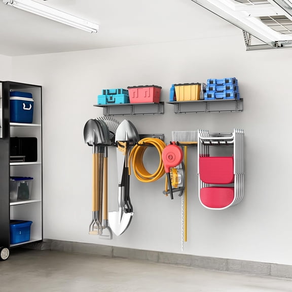 Wall Mounted Garden Tool Rack with Shelves for Garage, Heavy Duty Folding Chair Hangers, 11-Inch Tool Storage Hooks for Shovels, Rakes, Ladders(Tool Rack with Shelf)