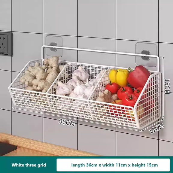 Wall Mounted Garlic Storage Basket and Kitchen Organizer, No Drill Seasoning Holder for Onion, Garlic, and Spice Storage, Space-Saving Kitchen Rack for Home Cooking, White