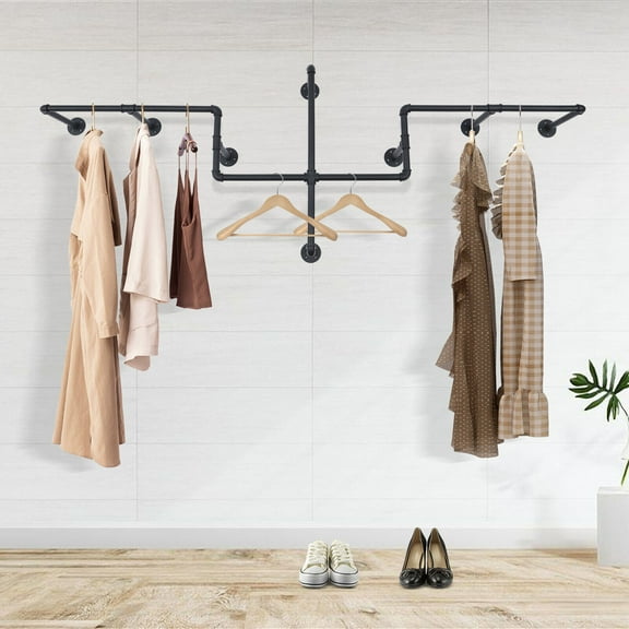Wall Mounted Garment Rack Industrial Pipe Clothes Hanging Bar Display BLACK