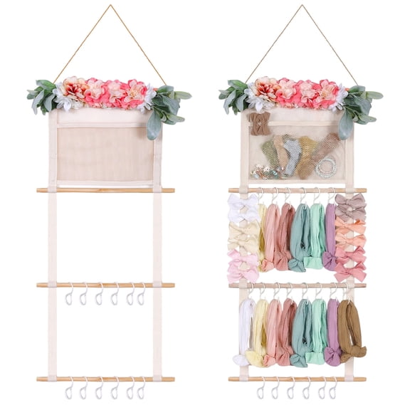 Wall-Mounted Girls Room Decor, Hair Bows Organizer with Artificial Flowers, Foldable Bow Rack, Organization for Essentials Headbands, Boho Style for Bedroom, Gift for Female Friends
