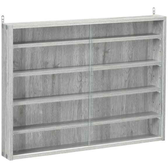 Wall-Mounted Grey Glass Display Case, 2 Doors and 4 Adjustable Shelves / Display Items without Blockage