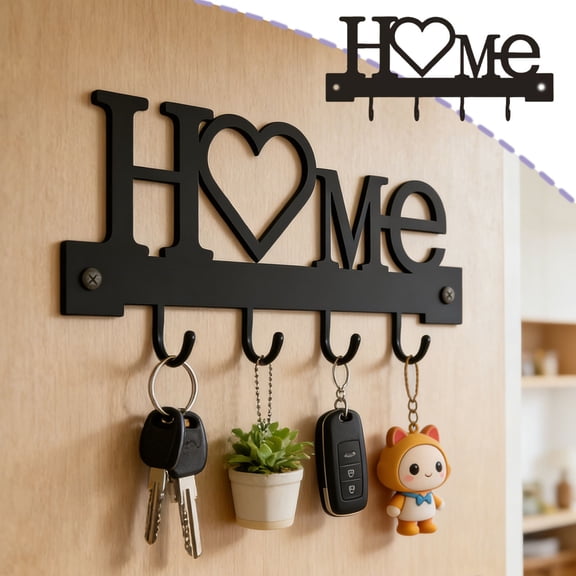 Wall Mounted HOME Key Rack Wrought Iron Decorative Hook Shelf for Entryway Keys Coats and Bags