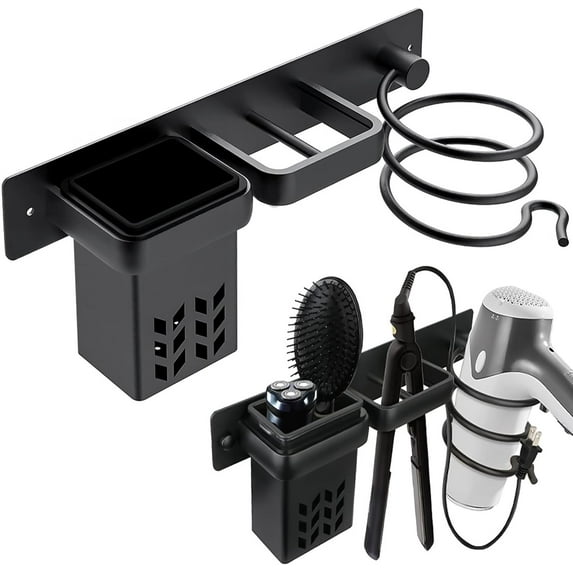 Wall Mounted Hair Dryer Holder Blow Dryer Rack, Bathroom Hair Styling Beauty Care Tools Organizer Bedroom Storage Basket for Flat Iron, Curling Wand, Hair Straightener (Black)