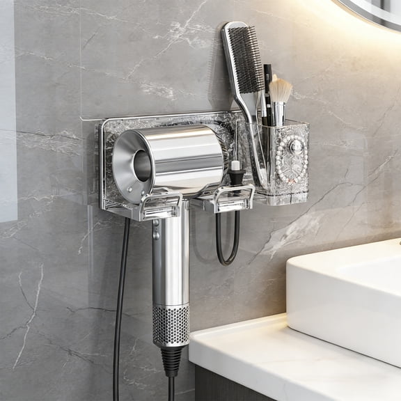 Wall Mounted Hair Dryer Holder | No Drill Thickened Plastic Bathroom Organizer | Space Saving Multifunctional Storage Rack With Hooks, Phone Shelf & Coil Management | White, Yellow, Gray