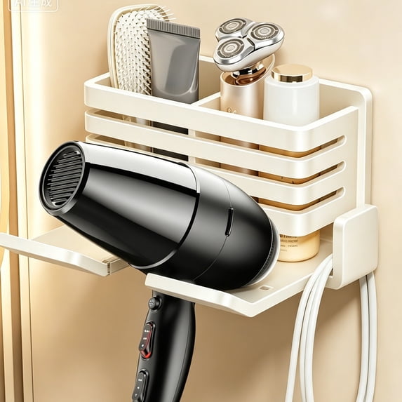 Wall Mounted Hair Dryer Holder, No Drilling Bathroom Storage Organizer for Hair Dryer and Comb, Space Saving Toiletries Rack with Adhesive, Metal Bathroom Accessories for Home Use