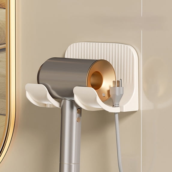Wall Mounted Hair Dryer Holder | No Drill Installation with Traceless Sticker | Waterproof & Cord Organizer | White Bathroom Storage Rack