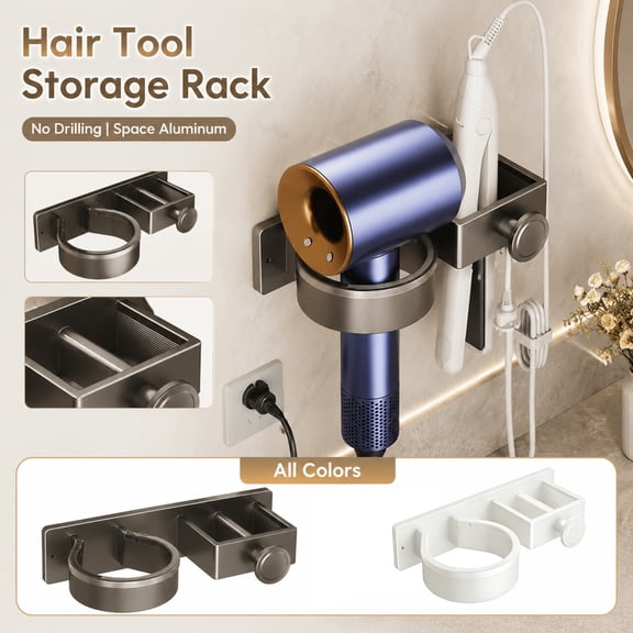 Wall Mounted Hair Tool Organizer For Blow Dryer Straightener And Curling Iron No-Drill Adhesive Holder Rack For Bathroom Vanity Countertop And Salon Styling Station Organization, 1Pack White