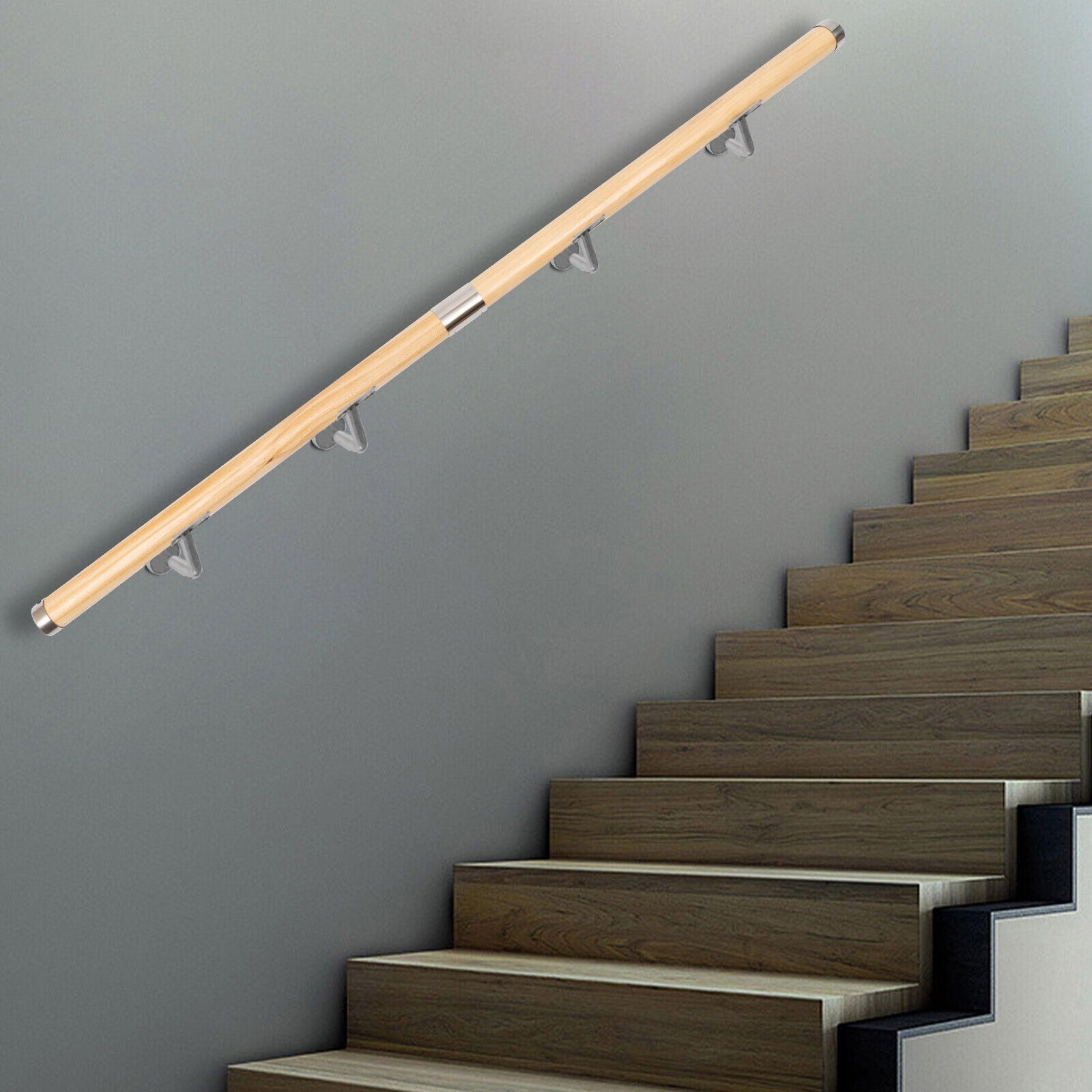 Wall Mounted Handrail Solid Wood Stair Handrail 5ft with Brackets for Indoor Stairs
