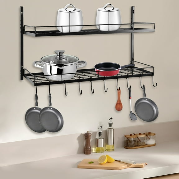 Wall-Mounted Hanging Pot Rack with 2 Tiers, 10 Hooks, Large Capacity, Rust-Resistant Black Iron, Adjustable Storage for Kitchen Utensils & Condiments