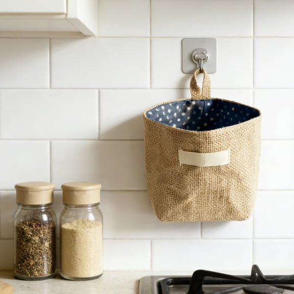 Wall Mounted Hanging Storage Bag, Mini Cute Cotton & Linen Storage Container with Hook Durable Foldable Storage Basket Pendant, Kitchen Home Office Storage Box Decorative Bag Decor, 14x12.5cm