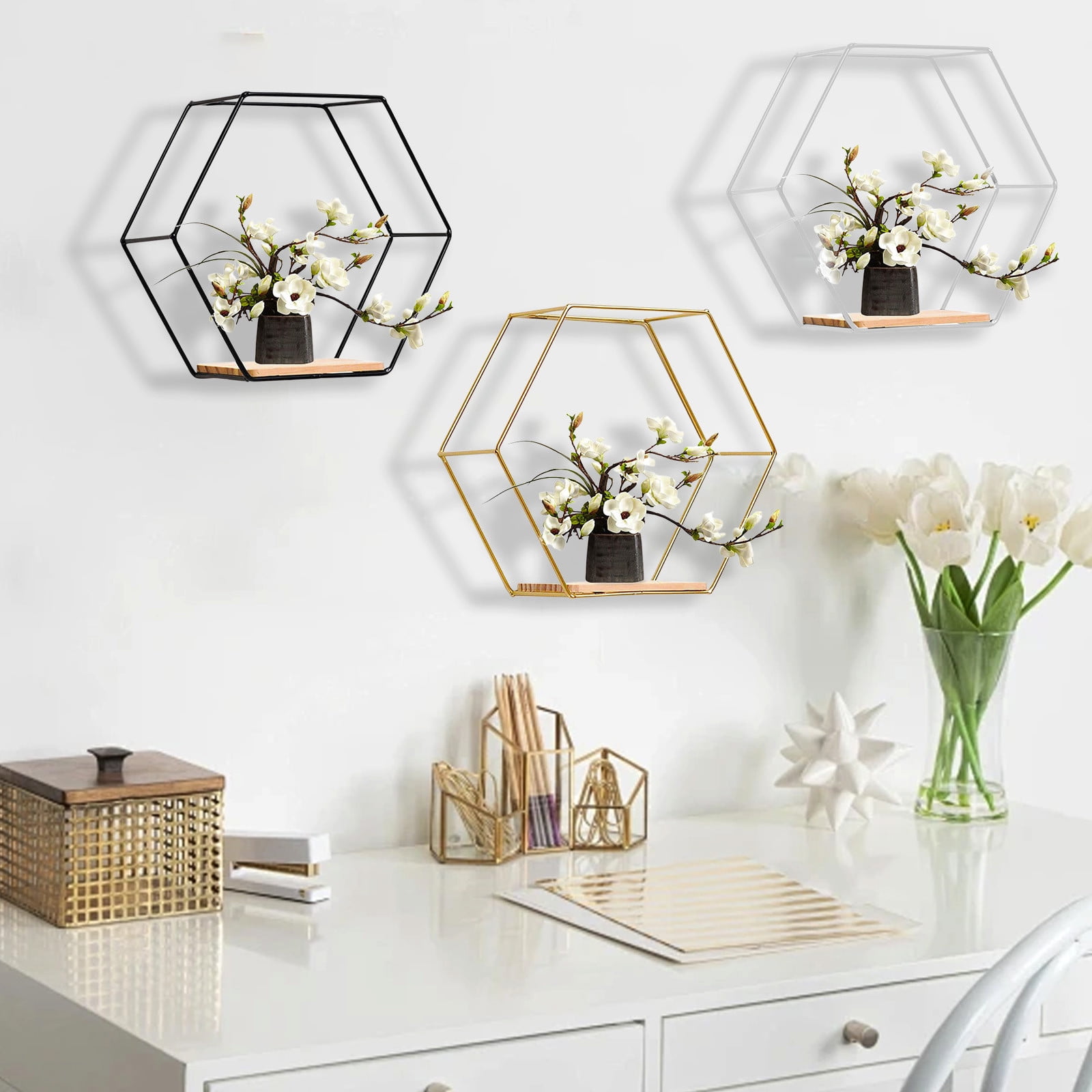 Wall Mounted Hexagonal Floating Shelves | Modern Metal & Simples Wood ...