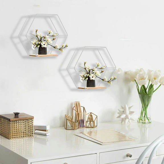 Wall Mounted Hexagonal Floating Shelves | Modern Metal & Simples Wood Partition Storage Rack | Bedroom Living Room Office Wall Decor | 16.5x14.5x9.5cm | Gold White Black | Sturdy Iron & Wood Display