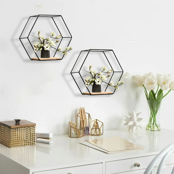 Wall Mounted Hexagonal Floating Shelves Modern Metal Wall Shelf Simples Wood Partition Storage Shelves Wall Decor Rack for Bedroom Living Room and office