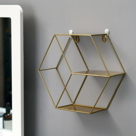 Wall Mounted Hexagonal Floating Shelves Storage Wrought Rack for Bedroom, Living Room, Bathroom, Kitchen and Office - golden