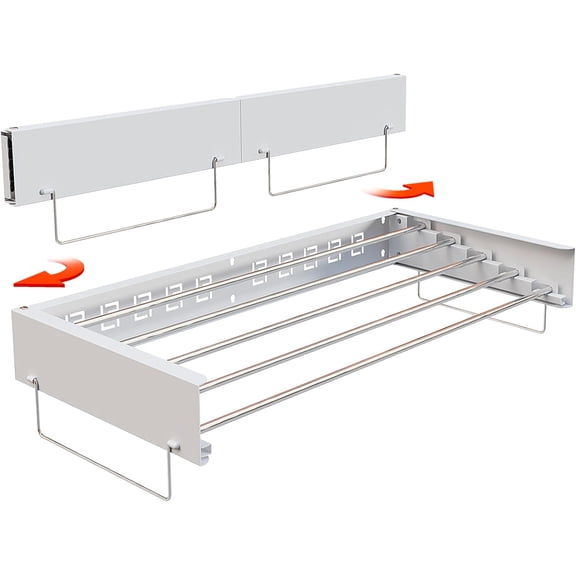 Wall Mounted Hidden Clothes Drying Rack - Pull-Out Laundry Organizer with 5 Stainless Steel Rods - Collapsible & Foldable for Laundry Room/Bathroom - Heavy Duty & Space Saving (31.5", White)