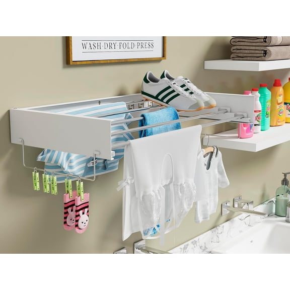 Wall Mounted Hidden Clothes Drying Rack - Pull-Out Laundry Organizer with 5 Stainless Steel Rods - Collapsible & Foldable for Laundry Room/Bathroom - Heavy Duty & Space Saving (31.5", White)