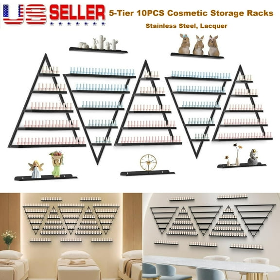 Wall-Mounted High End Metal Nail Polish Rack, 5 PCS Horizontal Bar and 5 Tiers Triangular Metal Nail Polish Storage Rack,