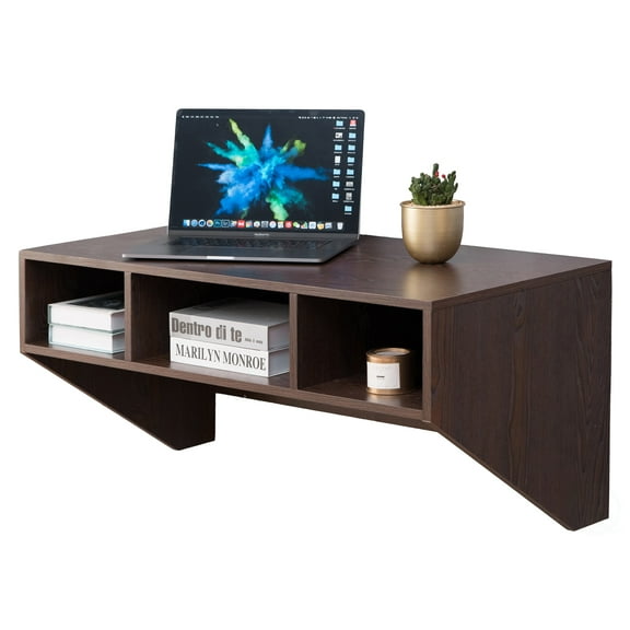Basicwise Wall-Mounted Computer Desk with Storage Shelves Floating Laptop Table for Home Office or Study Room Foldable Workstation with Compartments for Books Office Supplies and Decor, Brown Finish