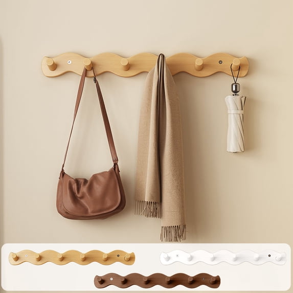 Wall Mounted Hook Rack 6 Non-Rusting Wooden Hooks - Coat, Towel, Hat Organizer for Bathroom, Kitchen, Living Room White, Brown, Khaki 52x5x5cm Durable Storage