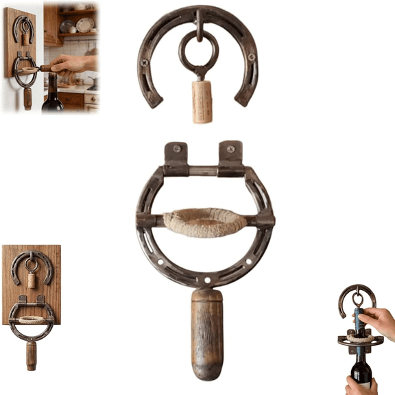 Wall Mounted Horseshoe Bottle Opener, Rustic Horseshoe Design Decor & Tool,Rustic Horseshoe Wine Opener Corkscrew Wall Mounted, Vintage Industrial Decor Wine Bottle Opener (1PC)
