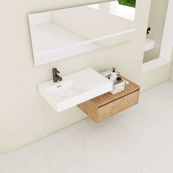 Wall-Mounted, Imitative Oak Appearance - Spacious Top Platform for Essentials - Bathroom Environment - Makes Daily Routine Convenient