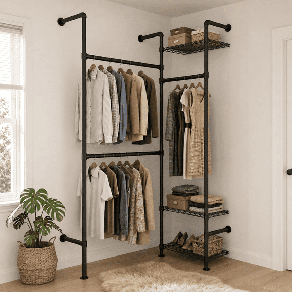 Wall Mounted Industrial Pipe Closet Organizer System, Black Expandable Clothing Rack with Adjustable Shelves & Hanging Rod for Wardrobe Corner Storage