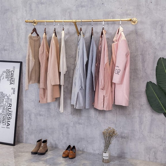 Wall Mounted Industrial Pipe Clothes Hanging Shelf System Metal Towel Rack Garment Organizer Gold 71 In L X 11.8 In D
