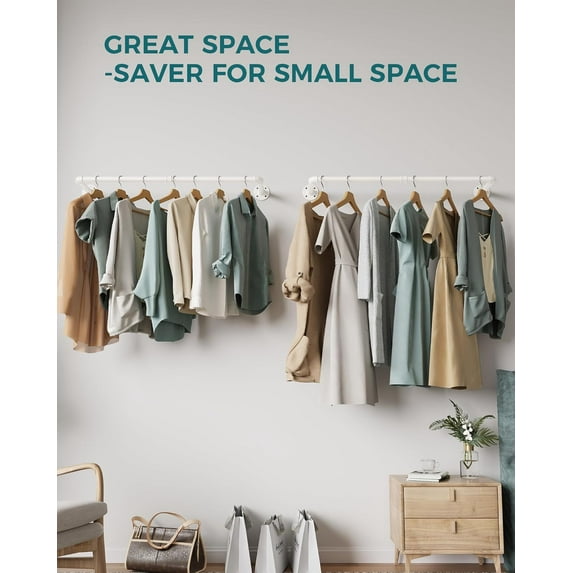 Wall Mounted Industrial Pipe Clothes Rack Set of 2, Heavy Duty Iron Clothing Hanging Rod for Laundry Room and Closet Storage, White