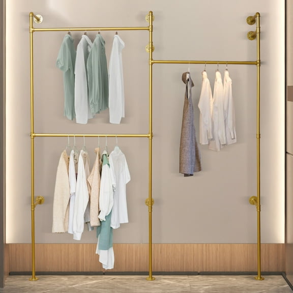 Wall Mounted Industrial Pipe Clothing Rack Garment Rack Pipeline Vintage Rolling Rack On Wall, Heavy Duty Rustic Gold Metal Garment Frame for Bedroom, Living Room (Gold)
