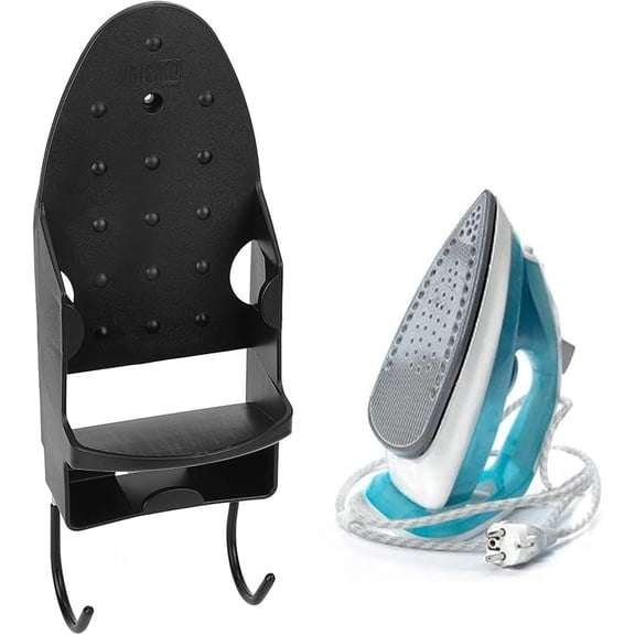 Wall Mounted Iron Holder - 2 in 1 Heatproof Iron and Board Storage Rack, Heavy Duty Ironing Board Hanger with Hook, Space Saving Organizer for Laundry Room Closet Home (Black)