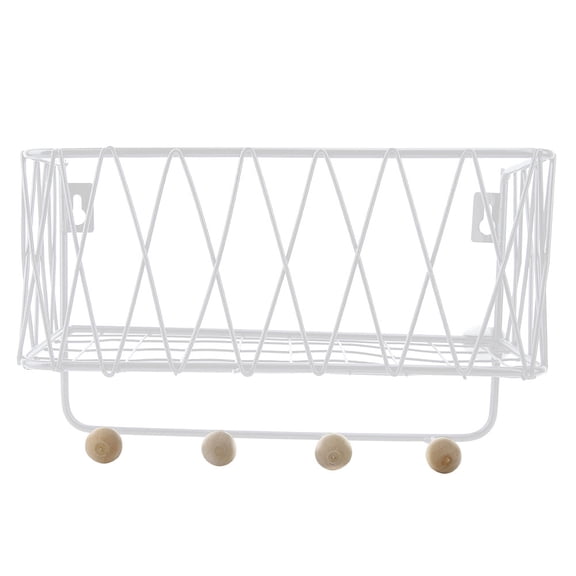 Wall Mounted Iron Storage Rack Shelf with Hooks for Home Living Room Bedroom (White)