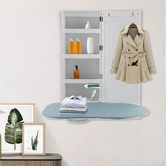 Wall Mounted Ironing Board Cabinet, Foldable Design with 180 Swivel Function, 4 Storage Shelves and Mirror, Ideal for Small Apartments