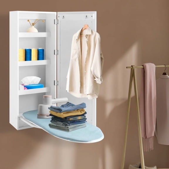 Wall-Mounted Ironing Board Cabinet Space-Saving, Foldable Board with Storage Modern White MDF Design for Homes, Apartments, and Hotels