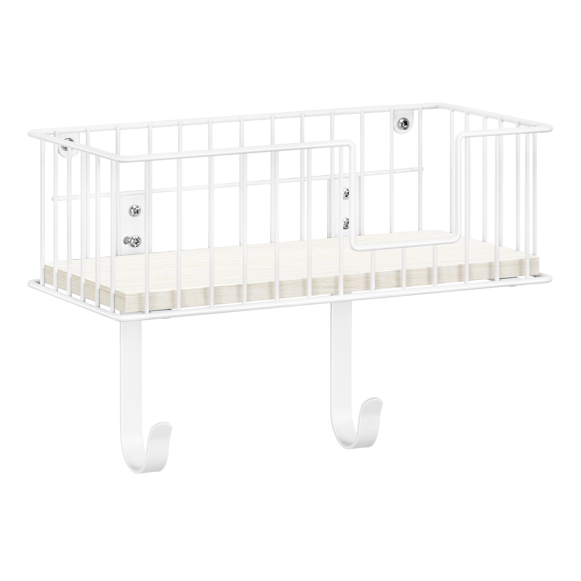 Wall Mounted Ironing Board Hanger for T-Leg and Y-Leg with Storage Basket and Adjustable Hooks, White