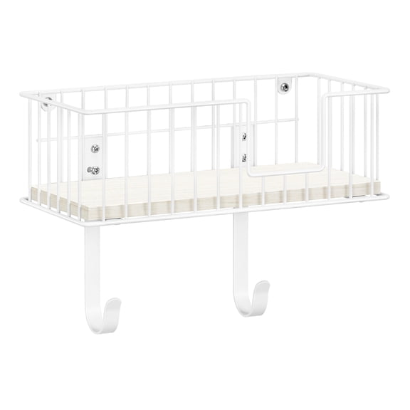 Wall Mounted Ironing Board Hanger for T-Leg and Y-Leg with Storage Basket and Adjustable Hooks, White