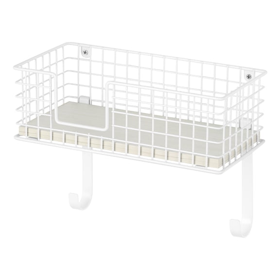 Oumilen Wall Mount Ironing Board Hanger for T-Leg with Storage Basket and Removable Hooks, White