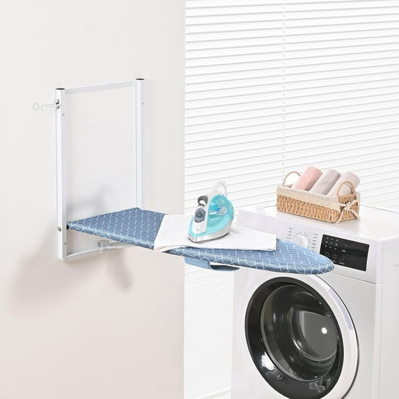 Wall Mounted Ironing Board with Holder, Compact Foldable Stand for Small Spaces, Heat Resistant Cover, 36x12 Inch Deep Blue