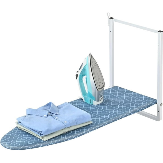 Wall Mounted Ironing Board with Iron Holder, Compact Ironing Board for Small Spaces, Foldable Iron Stand Heat Resistant Cover, 36" X 12" Deep Blue