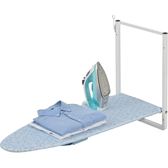 Wall Mounted Ironing Board with Iron Holder, Compact Ironing Board for Small Spaces, Foldable Iron Stand Heat Resistant Cover, 36" X 12" Light Blue