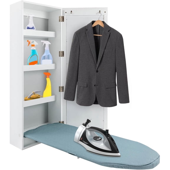 Wall Mounted Ironing Board with Storage Cabinet Built in Swivel Ironing Board with 3Tier Shelf & Dressing Mirror for Home Apartment & Small Spaces
