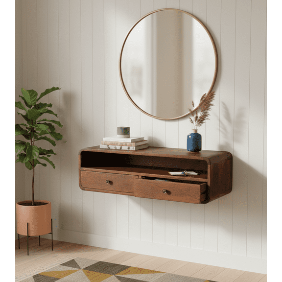 Wall Mounted Japandi Console Table Solid Mango Wood Entryway Organizer with Storage Drawers