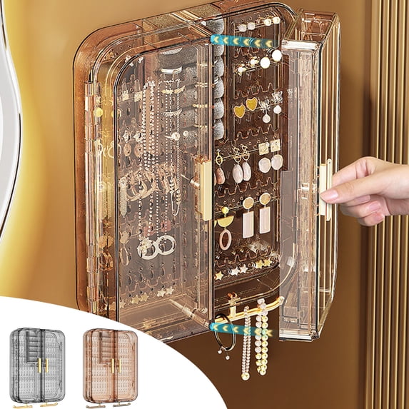 Wall Mounted Jewelry Organizer Box with Gray Gold Finish, Transparent Necklace Storage Display Case for Earrings Rings, No Drilling Required, 7.87x8.26x2.75in, Adhesive Hanging Jewelry Cabinet